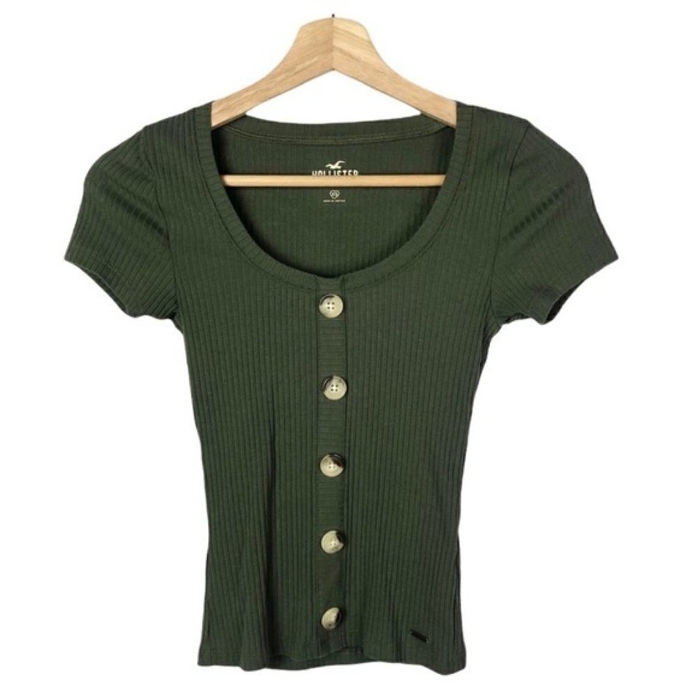 Hollister Hunter Green Ribbed Button Down Front Short Sleeve T-Shirt XS